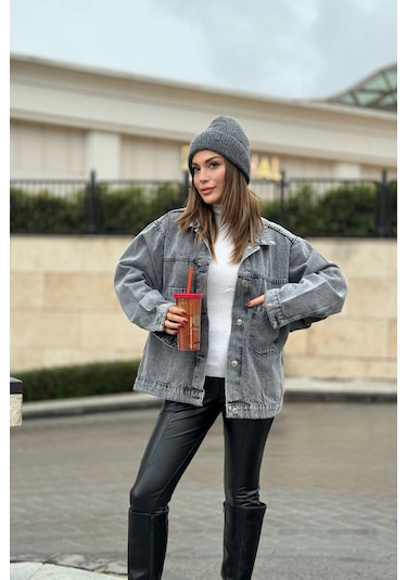 Kadın Gri Apaş Yaka, Çift Cepli, Kaliteli Jeans Kumaş, Salaş Kot Ceket Antrasit