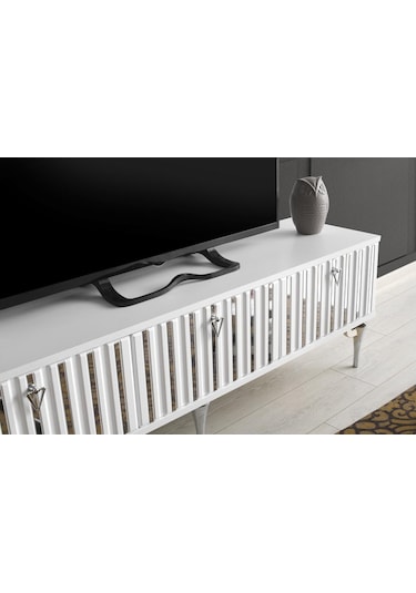 150 CM DUBAİ METAL AYAK-MDF MEBRAN KAPAK TV SEHPASI BEYAZ GÜMÜŞ