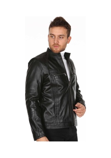 Hakiki Kuzu Derisi Erkek Casual Siyah Deri Mont Siyah