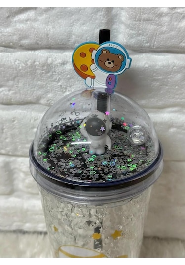 Pipetli Bardak Matara Sevimli Suluk 450 Ml Çift Astronot Figürlü Beyaz
