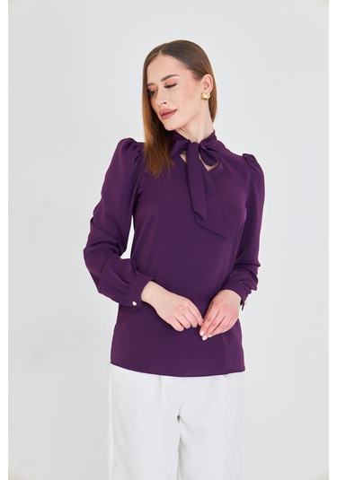 Büzgü Kol Fularlı Gömlek Mor Mor