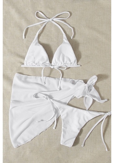 Angelsin Pareolu Bağlamalı 3'lü Bikini Takım Set Çıkartılabilir Kaplı Beyaz