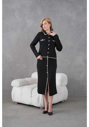 Kadın Polo Yaka Düğme Detay Ceket Uzun Etek İkili Triko Takım Siyah