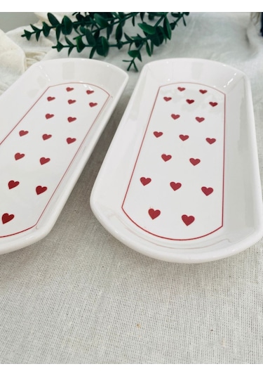 Love Kırmızı Kalp 2 Adet Oval Tabak Kırmızı