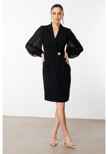 Moda İlgi Kadın Kolları Piliseli Kruvaze Kapamalı Midi Boy Elbise 6617 Siyah Siyah