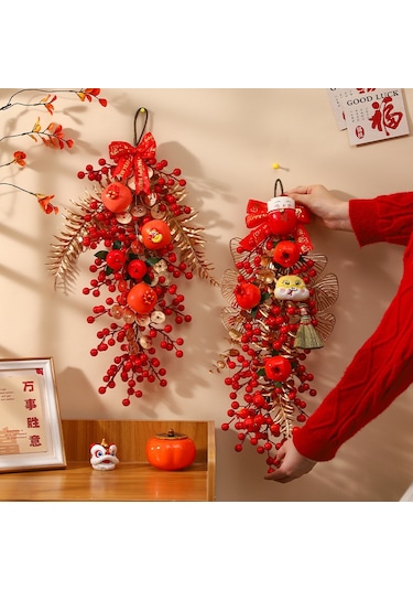 Mufunye Yılbaşı 2025 Yılan Yılı Pvc+kağıt Süs Takımı - Kırmızı Altın Rengi Şans Meyveli Ev Kapı Tabela - Festival Dekorasyonu
