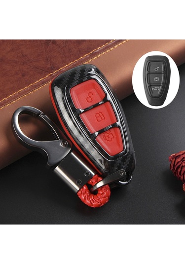 Kangvka Ford Fiesta, Focus, Kuga, C-max Uyumlu 3 Tuşlu Silikon Anahtar Kılıfı - Karbon Fiber Desenli Kırmızı Anahtar Kılıfı Ve Anahtar Zinciri