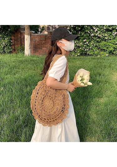 Novahub Koyu Kahverengi Bohem Tarzı Hasır Örgü Plaj Çantası - El Yapımı Omuz Çantası 40cm Koyu Kahverengi