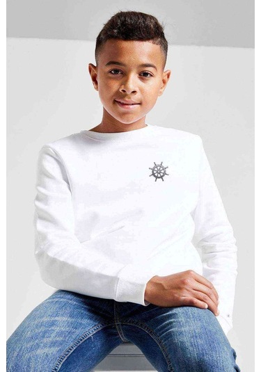 Gemi Dümeni Göğüs Baskılı Unisex Çocuk Beyaz Sweatshirt Beyaz