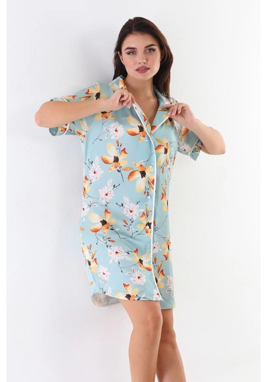 Laperissa Kadın Çiçek Desenli Saten Dokuma Düğmeli Gömlek Gecelik Çok Renkli