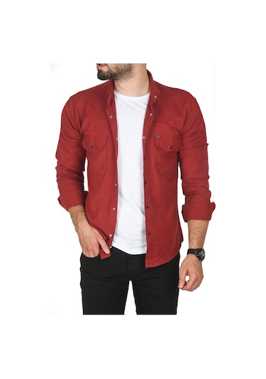 Deepsea Erkek Bordo Büyük Beden Pamuklu Likralı Spor Gömlek Dar Kalıp, Çıt Çıt Kapamalı 2500423 Bordo