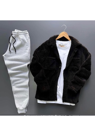 Unisex Siyah Peluş Polar Hırka Gömlek Gri Eşofman Altı Takım Gri - Siyah