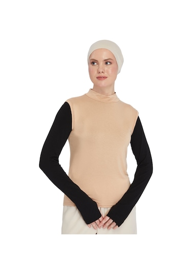 Organik Kolsuz Balıkçı Yaka Likralı Kadın Sıfır Kol Body Koyu Bej