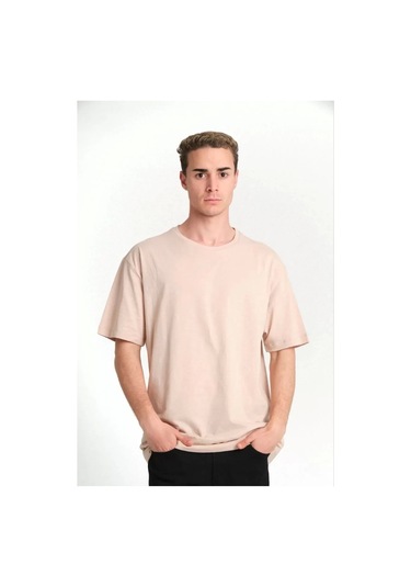 Unisex Düz Biskilet Yaka Oversize T-shirt - Bej Bej