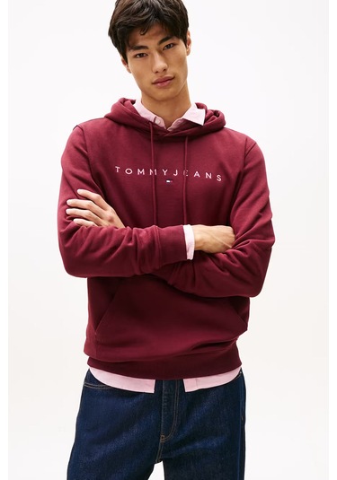 Erkek Tjm Regular Linear Logo Kapüşonlu Sweatshirt - Bordo Red Wine