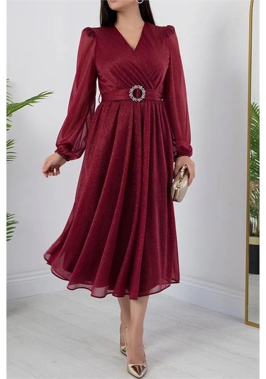 Neşeli Butik Kadın Kemer Ve Vatka Detaylı Simli Midi Elbise Rymy3590 Bordo