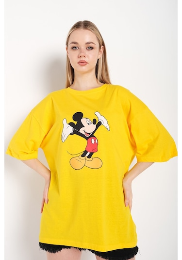 Kadın Sarı Kollar Açık Micky Oversize Tshirt Sari