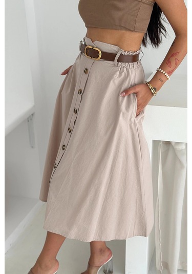 Kemerli Boydan Düğmeli Keten Etek Krem Krem