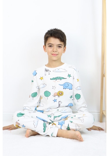 Erkek Çocuk Baskılı İnterlok Kumaş Uzun Kollu Pijama Takımı Beyaz