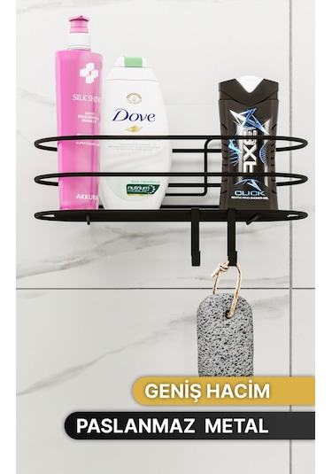 Banyo Düzenleyici Şampuanlık Sabunluk 1 Adet Oval Tel Yapışkanlı 2 Askılı Duş Rafı Organizer Siyah