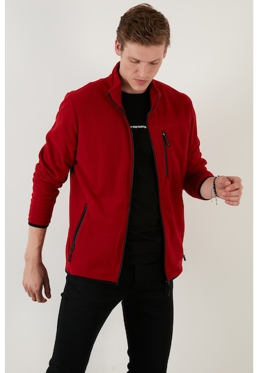 Buratti Slim Fit Fermuarlı Cepli Dik Yaka Polar Erkek Hırka 5906028 Bordo