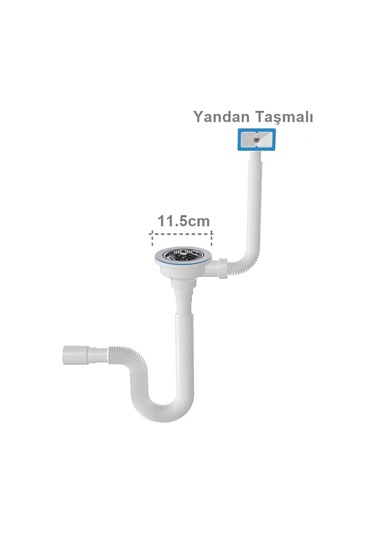 Yapıtaşı Geniş Süzgeçli Çöpmak Üniversal Yan Dik Taşmalı Körüklü Evye Sifonu