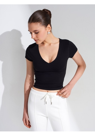 Dilvin 32840 V Yaka Basic T-shirt-siyah