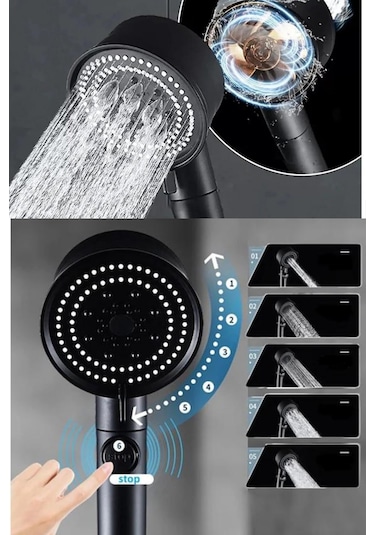 Yayke Turbo Pervaneli 5 Fonksiyonlu Duş Başlığı Siyah Duş Seti Siyah