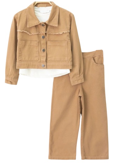 Kız Çocuk Kahverengi Gabardin Ceket Pantolon Badili Üçlü Takım