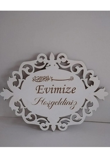 Beyaz Evimize Hoşgeldiniz Dekoratif Ahşap Kapı Süsü Beyaz