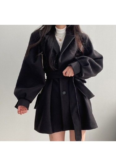 Minyon Kadınlar İçin Kalınlaştırılmış Orta Uzunlukta Sonbahar Ve Kış Trençkotu Siyah