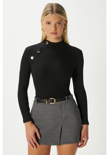 Kadın Gloria Gold Düğmeli Uzun Kollu Siyah Fitilli Pamuk Bluz Siyah