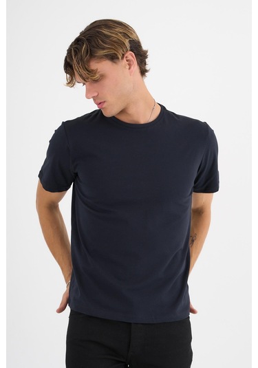 Erkek Lacivert %100 Pamuklu Standart Kalıp Likralı Basic T-shirt Siyah
