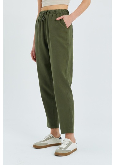 4566 Kadın Lastikli Bel Keten Pantolon Haki Haki