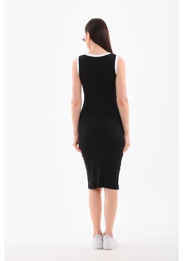 Beyaz Biyeli Kolsuz Diz Altı Fitilli Esnek Siyah Kalem Elbise Beyaz - Siyah