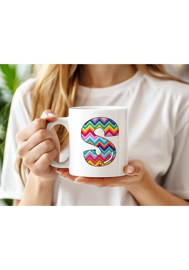 S Harfi Renkli Zigzag Desenli Kupa Bardak - Afrika Tarz Etnik Tasarım Kupa - Kişiye Özel Beyaz