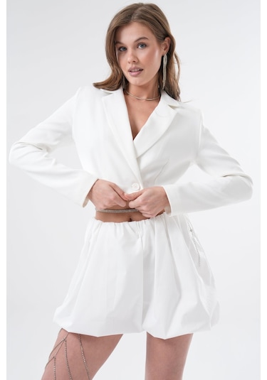 Saade Sââde Kadın Regular Fit Kruvaze Kapama Dokuma Crop Blazer Ceket -şık & Spor Beyaz