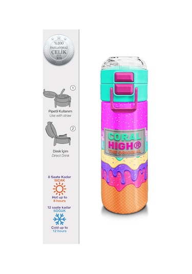 Coral High Kids Pembe Rengarenk Dondurma Desenli Pipetli Ve Direkt İçim Çelik Termos 500 Ml 31938 Pembe