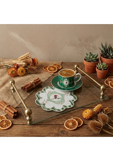 2 Adet Yeşil Pip Studio Uyumlu Nakışlı Kuş Detaylı Kokteyl Sunum Peçetesi Çok Renkli