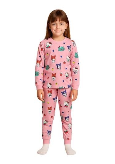 Cute Hello Kitty Ve Kuromi Desenli Kız Çocuk Pijama Takımı Pembe