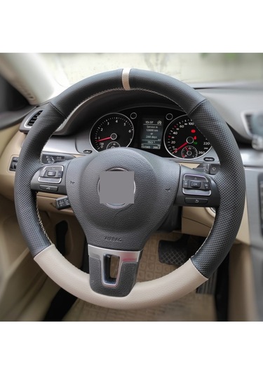 Volkswagen Passat B7 Özel Kombin Nokta Alt Koyu bej Yüzüklü Dikmeli Deri Direksiyon Kılıfı