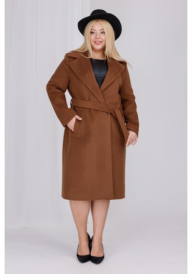 Kadın Kahve Yün Kaşe Kemer Ve Astar Detay Büyük Beden Kaban Kahverengi