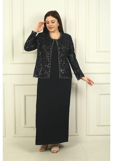Kadın Pul İşlemeli Boncuk Detaylı Tül Ceket Yarım Ay Kollu Uzun Elbise Astarlı Krep Büyük Beden 2'li Takım Siyah Kadın Pul İşlemeli Boncuk Detaylı Tül Ceket Yarım Ay Kollu Uzun Elbise Astarlı Krep Büyük Beden 2'li Takım Siyah