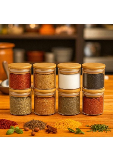 8'li 70 100mm Borosilikat Cam Baharatlık Seti - Sızdırmaz Silikonlu Bambu Kapak - 300 Ml X8 Beyaz