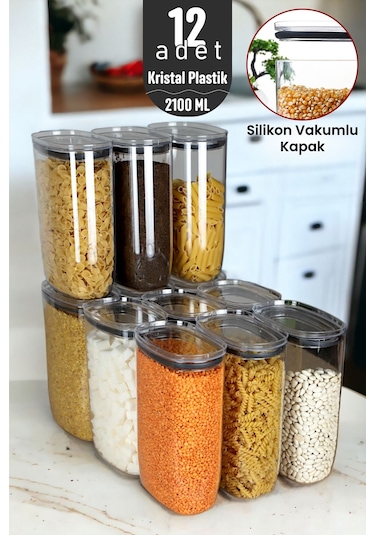Jumbo Boy 2100 Ml Gerçek Vakumlu Silikon Kapaklı Kristal Erzak Bakliyat Saklama Kabı Seti Ba Şeffaf
