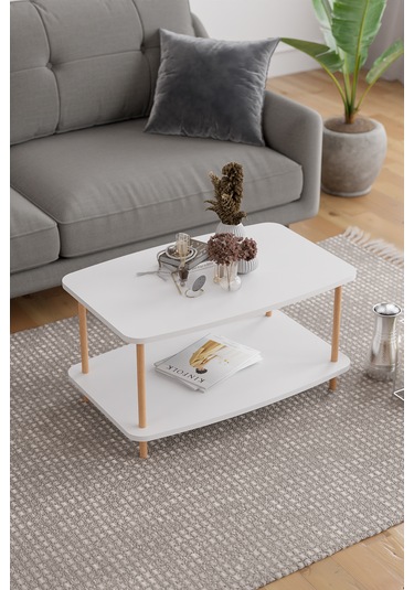 Orta Sehpa Ahşap Ayaklı Sehpa İki Raflı Sehpa-beyaz