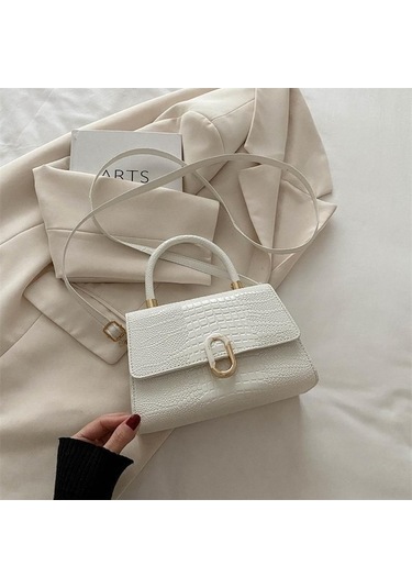 Novahub El Çantası Moda Trend Çapraz Askılı Çanta Retro Basit Küçük Kare Çanta Kişiselleştirilmiş Timsah Desenli Omuz Çantası Beyaz Beyaz