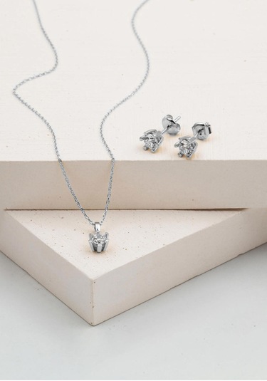 Bilezikci 14 Ayar Altı Tırnaklı Tektaş Kolye Küpeli Set