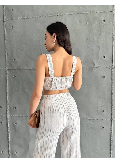 Eke Tekstil Lacivert Çizgili Crop Pantolon Keten Takım-lacivert Lacivert