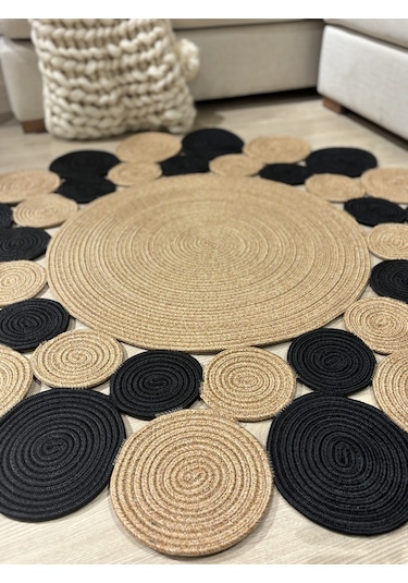 Mavaux Hasır Jüt Çiçek Desenli Kilim Halı Siyah - Hasır